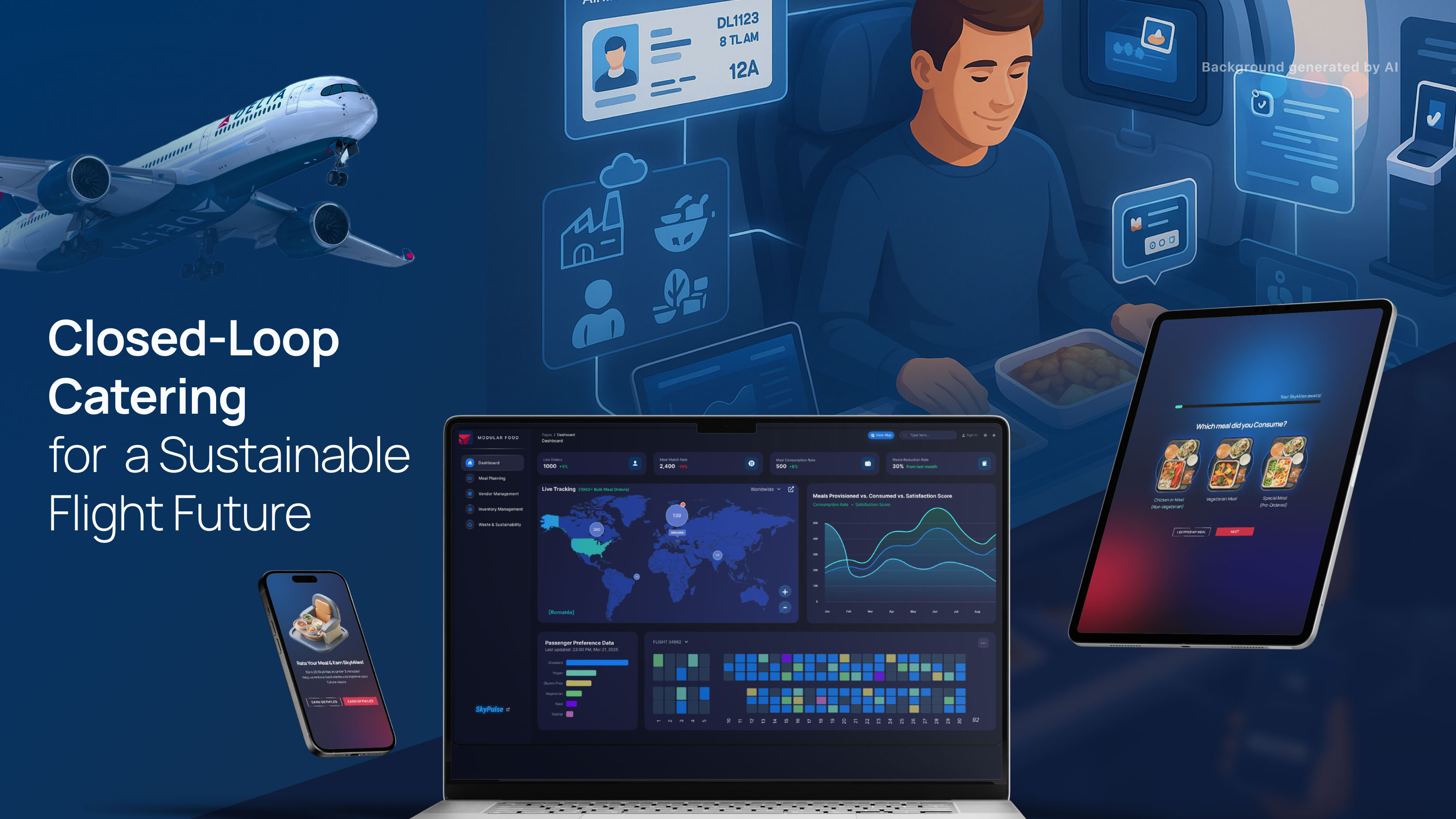 Illustration showing a digital airline catering system where passengers select meals on a tablet while a dashboard tracks food usage and sustainability metrics across flights.