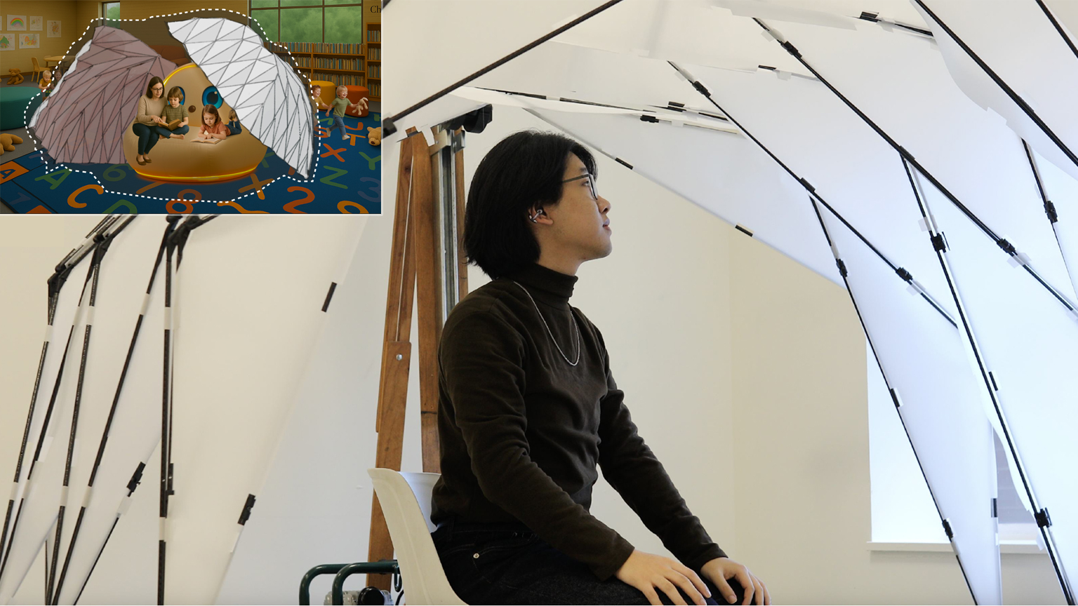 A student sits inside a robotic environment, with inset of the environment used in a preschool setting.