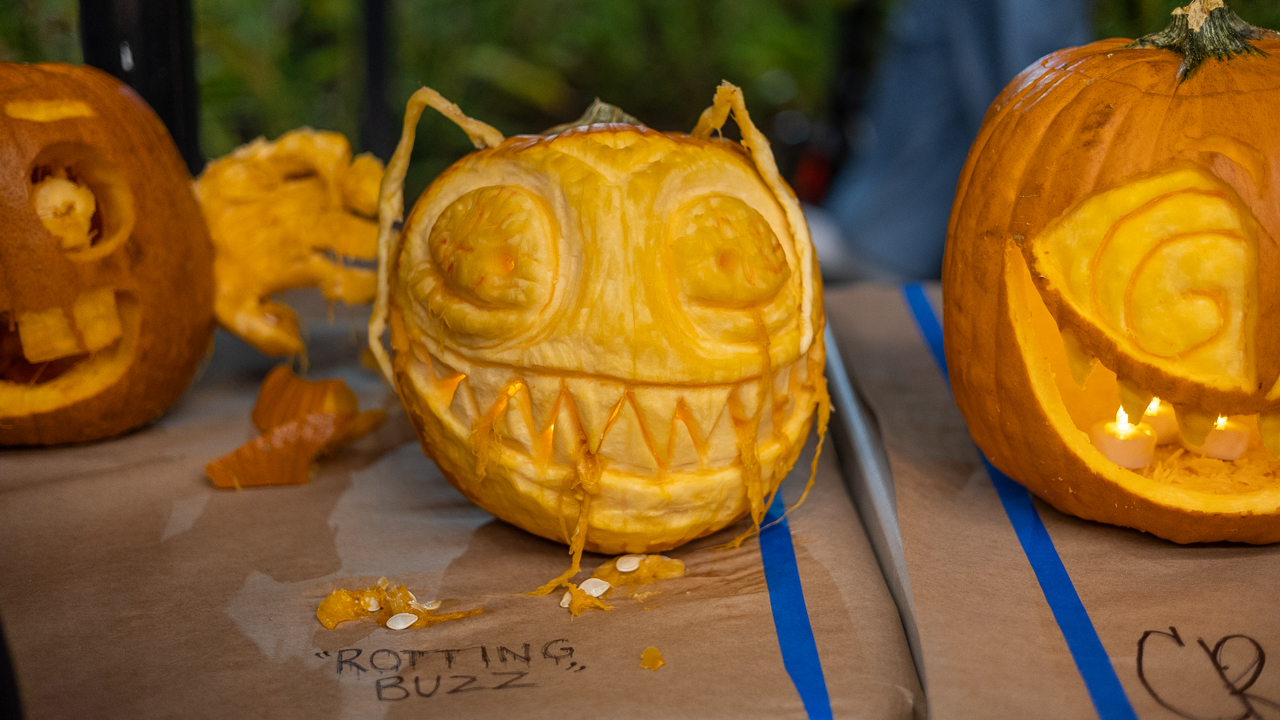 A pumpkin depicts a "rotting" Buzz surrounded by other jack o lanterns 