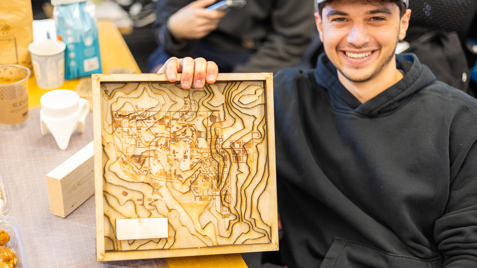 A topographic map of the Georgia Tech campus, formed from layers of plywood