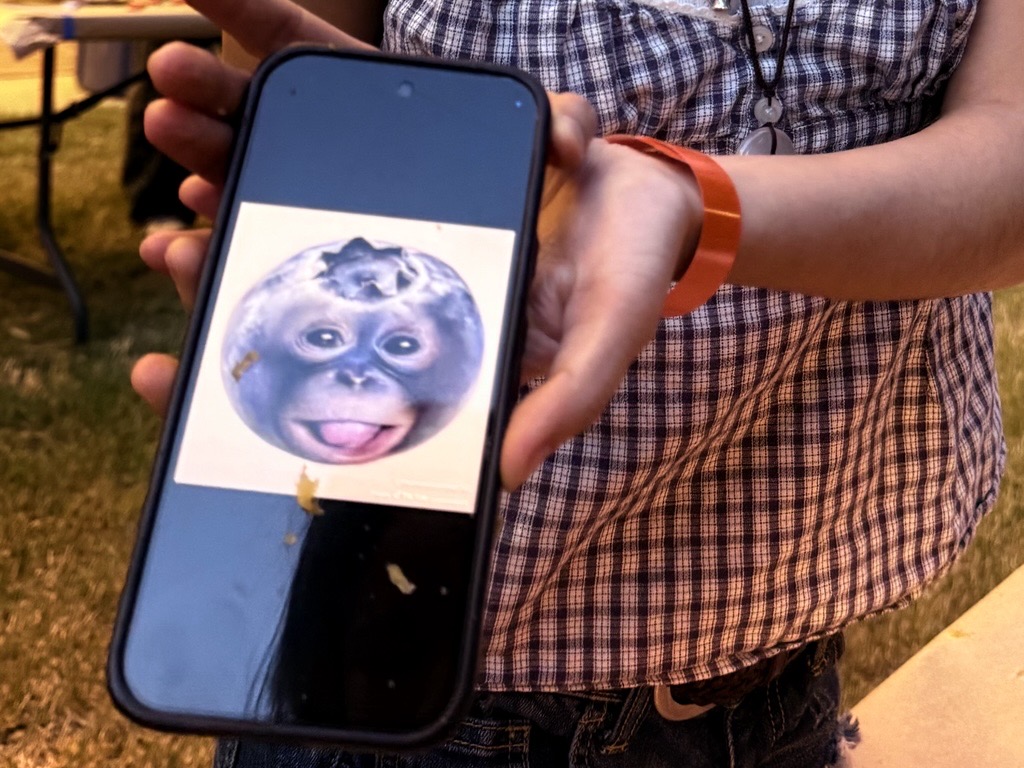 Student holds a phone with a blueberry monkey photo so inspiration